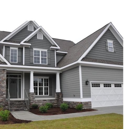 Brown Brick With Siding, Grey Siding And Brick House Exterior, Gray House Garage Door Color, Houses With Gray Roofs, Grey White House Exterior, Two Tone Grey House Exterior, Gray House Exterior White Trim, Grey Houses With White Trim, Gray House Paint Exterior