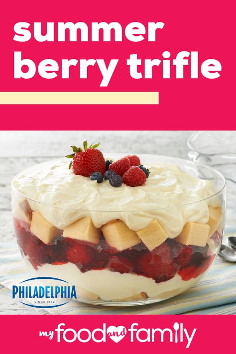 Summer Berry Trifle – No summer potluck or patriotic party would be complete without this berry-infused dessert. Layers of fresh berries, pound cake, and a PHILADELPHIA Cream Cheese mixture help bring this treat together easily. Fruit Bowl Dessert, Fresh Fruit Trifle, Fruit Triffle Desserts, Fruit Truffle Recipe, Fruit Layered Dessert, Fruit And Pudding Desserts, Fruit Pie Recipes Easy Summer Desserts, Summer Trifle Desserts Easy, Fruit Trifle Desserts Easy