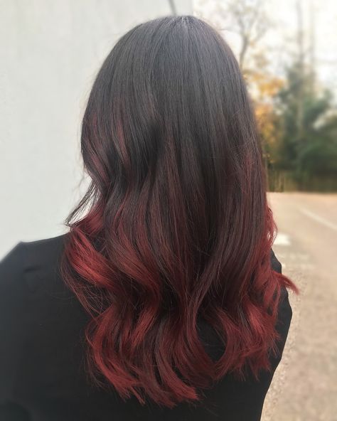 Balayage,color melt,long hair,dark hair,red hair,ombré, Dark Hair Colored Ends, Red Color Highlights Hair, Red Ombre Dark Hair, Hair End Color, Hair Color At Ends Of Hair, Hair Color At The End Of Hair, Faded Dark Red Hair, Burgundy Hair Ends, Dark Roots With Red Ends