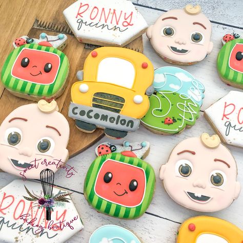 Cocomelon Decorated Cookies, Coco Melon Cookies Decorated, Cocomelon Cookies Decorated, Coco Melon Cookies, Cocomelon Cookies, Cocomelon Birthday Party Ideas, Cocomelon 1st Birthday, Cocomelon 2, Coco Melon Party