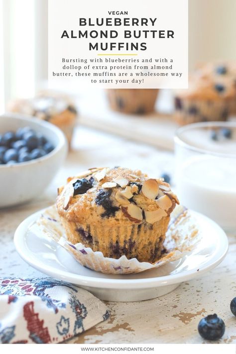 Blueberry Almond Butter Muffin on a white plate. Almond Butter Muffins, Vegan Blueberry Muffin Recipe, Vegan Hot Cross Buns, Butter Muffins, Vegan Blueberry Muffins, Blueberry Muffins Recipe, Almond Butter Recipes, Almond Muffins, Muffins Vegan