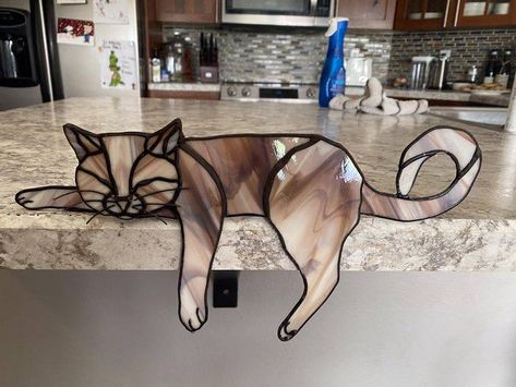 Stained Glass Cat, Cat Stain, Glass Cat, Stained Glass Diy, Stained Glass Crafts, Stained Glass Projects, Stained Glass Patterns, Cat Pattern, Glass Crafts