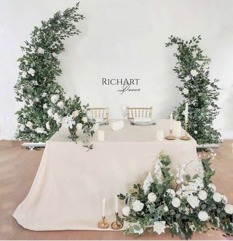 Wedding Backdrop Design Minimalist, Minimalist Wedding Backdrop, Photos To Edit, Sweetheart Table Backdrop, Head Table Backdrop, Bride Groom Table, Floral Arch Wedding, Reception Backdrop, Party Table Decor