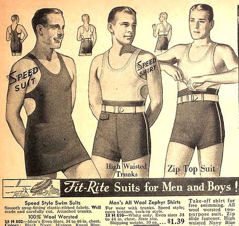 1935 men’s one piece swimsuit and two piece trunks with crab back top 1920s Swimsuit, 1930s Mens Fashion, 1950s Men, 1930s Men, Vintage Men's Fashion, Retro Swim, Striped Bathing Suit, Mens Bathing Suits, Vintage Bathing Suits