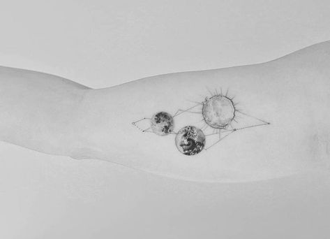 Earth Sun And Moon Tattoo, Earth Sun Tattoo, Sun And Planets Tattoo, Earth Sun Moon Tattoo, Sun Moon And Earth Tattoo, Earth And Sun Tattoo, Sun Moon Earth Tattoo, Moon Earth Tattoo, Moon And Earth Tattoo