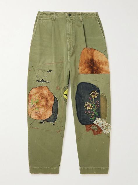 KAPITAL produces some of the most unconventional clothing and accessories out there. Take these 'Katsuragi' trousers for example, they're made from robust cotton-twill, intricately distressed and patchworked with a collage of different fabric swatches. Note the floral embroidery on the knees, too, which softens the overall effect. Denim Art, Fabric Patchwork, Patchwork Jeans, Patchwork Fabric, Planet Earth, Fabric Swatches, Upcycle Clothes, Different Fabrics, Mr Porter