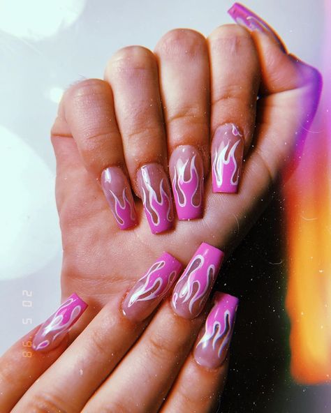 BEAUTY HOLE NAILS on Instagram: “🔥PINK FLAMES 🔥” Flame Heart Nails, Chrome Flame Nails, Pink Nails Cute, Pink Flames, Flame Heart, Flame Nails, Fresh Nails, Matte Pink Nails, Long Almond Nails