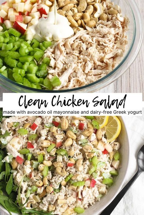 Healthy Cashew Chicken, Salad Dairy Free, Cashew Chicken Salad, Dairy Free Greek Yogurt, Chicken Salad With Apples, Clean Chicken, Baked Potato Casserole, Healthy Chicken Salad, Chicken Salad Recipe