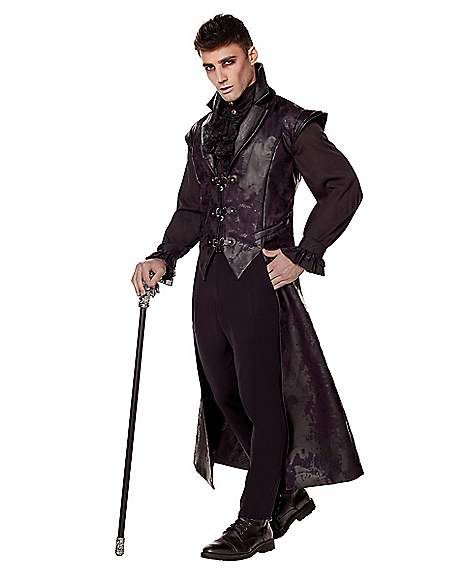 Adult Gothic Vampire Jacket - Spirithalloween.com Vampire Male Costume, Vampire Hunter Costume Men, Men’s Vampire Costume Ideas, Fitted Vampire Style Outerwear For Cosplay, Vampire Costume Male, Vampire Style Long Sleeve Cosplay Outerwear, Vampire Male, Vampire Goth Coats & Jackets, Halloween Spirit Store