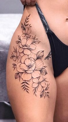 Inner Thigh Tattoos, Front Thigh Tattoos, Pelvic Tattoos, Floral Hip Tattoo, Flower Hip Tattoos, Side Hip Tattoos, Upper Thigh Tattoos, Hip Tattoo Designs, Side Thigh Tattoos