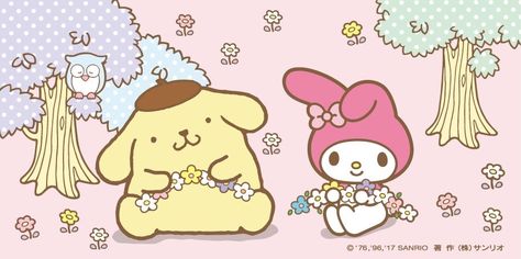 Pompompurin And Melody, My Melody And Pompompurin, My Melody And Friends, Pompompurin My Melody, Melody Painting, Pompom Purin, Make A Calendar, My Melody Wallpaper, Kawaii Background