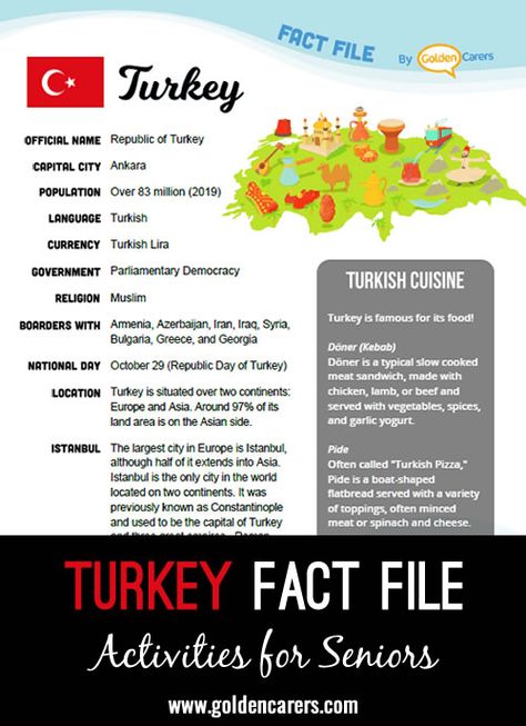 Turkey Fact File: An attractive one-page fact file all about Turkey. Print, distribute and discuss! Turkey Board, Ahg Badge, Catholic Classroom, Turkey Facts, Turkey Culture, Multicultural Activities, Conversation Table, Country Themed Parties, Country Study