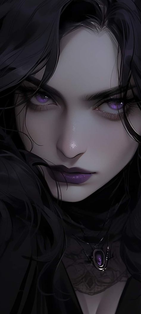 Purple Hair Character Art, Purple Eyes Character, Goth Woman Art, Purple Hair Character Design, Female Character Inspiration Black Hair, Purple Character Design, Purple Eyes Aesthetic, Vampire Oc Female Art, Drow Queen