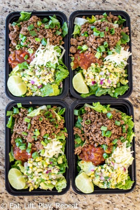 Meal Prep Taco Salad Bowls - Eat. Lift. Play. Repeat. Taco Salad Bowls Meal Prep, Meal Prep Taco Salad, Weight Watcher Taco, Food Prep Lunch, Bulk Meal Prep, Bulk Meals, Healthy Heart Recipes, Recipes Bowls, Make Ahead Meal Prep