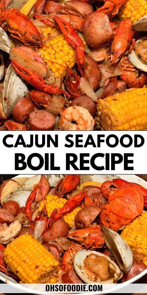 Text reads Cajun Seafood Boil With Cajun Butter Sauce Cajun Shrimp Boil Stovetop, Cajun Broil Recipe, Cajun Broil, Cajun Recipes Authentic, Cajun Seafood Boil Recipe, Cajun Shrimp Boil Recipe, Cajun Butter Sauce, Seafood Boil Recipe, Cajun Shrimp Boil