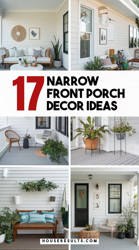 Looking to enhance your narrow front porch? 🚪🌸 Explore stylish decor ideas that will make the most of your limited space! From trendy furniture to decorative accents, you’ll find everything you need to create an inviting atmosphere. Save this pin for your front porch inspiration! 📌💖 Front Bench Porch Ideas, Front Porch Ideas Long Narrow, Narrow Exterior Entryway Ideas, Long Narrow Porch Decorating Ideas, Traditional Front Porch Decor, Front Porch Layout, Eclectic Front Porch, Small Side Porch Ideas, Long Narrow Front Porch Ideas