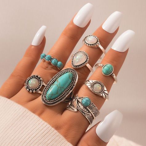 Mix & Match, Turquoise Decor, Ring Sets Boho, Feather Ring, Knuckle Rings, Turquoise Rings, Boho Vintage, Vintage Turquoise, Ring Vintage