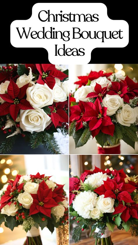 Christmas wedding bouquet with poinsettias, white roses, and green accents for a festive look. Diy Christmas Wedding Bouquet, Small Christmas Wedding Bouquet, Christmas Wedding Ideas Decorations, Bride Bouquets Red, Diy Bridal Bouquet Fake Flowers, Affordable Bouquet, Christmas Bridal Bouquet, Christmas Wedding Bouquet, Diy Christmas Wedding