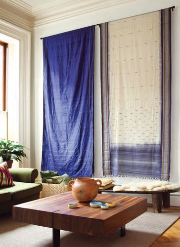 love the simply hung saris; prospect heights townhome of mariza scotch and diery prudent, photographed by tria giovan Fabric Hanging On Wall, Fabric Photo Wall Hanging, Shibori Wall Hanging, Blue Wall Hanging, Kantha Wall Hanging, Large Fabric Wall Hanging, Shibori Wall Art, Hanging Fabric Art, Hang Fabric On Wall