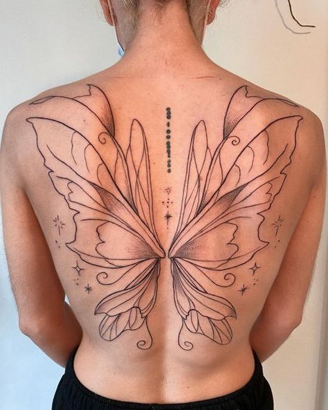 Fairy Wings Tatoos, Fairy Wings Back Tattoo Big, Butterfly Tattoo In The Back, Butterfly Wings Tattoo On Back Fairies, Back Fairy Tattoo, Fairy Wings Neck Tattoo, Full Back Butterfly Tattoo, Full Back Fairy Wing Tattoo, Fairy Wing Spine Tattoo