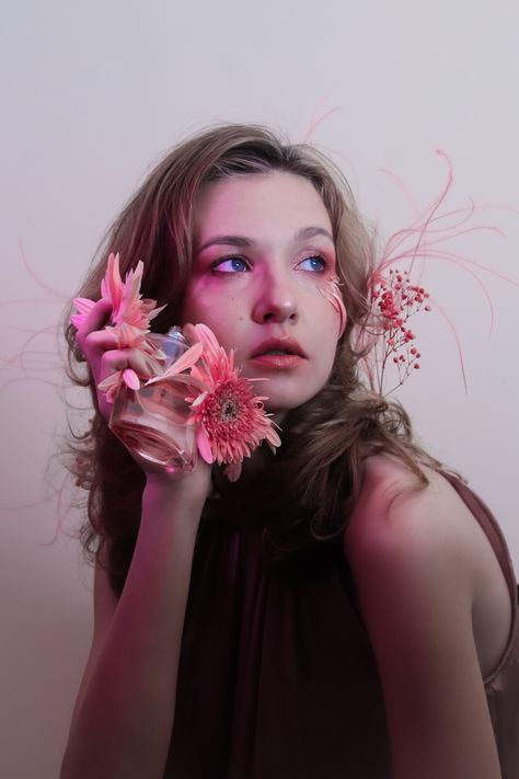 #flowers #pink #portrait Whimsical Portraits Photography, Person With Flowers, Whimsical Portraits, Flower In Hair, Pink Portrait, Winter Shoot, Portraits Photography, Flowers Pink, Product Photography