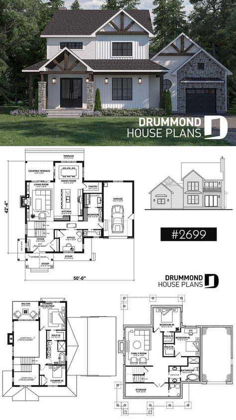 2 Story House With Garage, House Plans With Garage, 2 Story House Plans, 2 Story House, Covered Terrace, Farmhouse Garage, Drummond House Plans, House With Balcony, Two Story House Plans