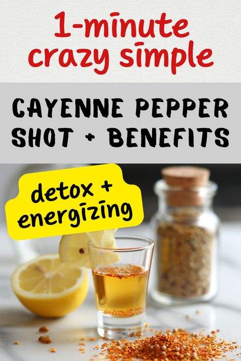 Shot glass with lemon juice and cayenne pepper seeds, a cut lemon - text reads "1 minute crazy simple cayenne pepper shot plus benefits, detox and energizing" Cayenne Pepper Drink, Healthy Seasonings, Cayenne Pepper Recipes, Cayenne Pepper Benefits, Pepper Benefits, Natural Metabolism Boosters, Wellness Shots, Shot Recipes, Herbs For Health