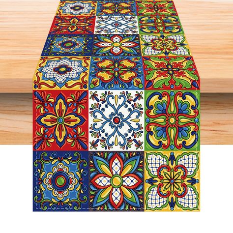 PRICES MAY VARY. Material: 100% Linen Fabric,durable and reusable waterproof without fading Package listing: 1pc table runner Size:13×72inch(33×183cm),appropriate for a table that can seat 4-6 people Easy to Clean : Machine wash and lay the table runner flat to dry,Stays the same and as new after every wash Perfect for Mexican table decoration,kitchen dining daily use themed party decoration, holiday and special events celebration Ceramic Tile Table, Fiesta Table, Mexican Table Runner, Cloth Table Covers, Mexican Table, Table Cloth Decorations, Table Runner Size, Tile Table, Kitchen Table Decor