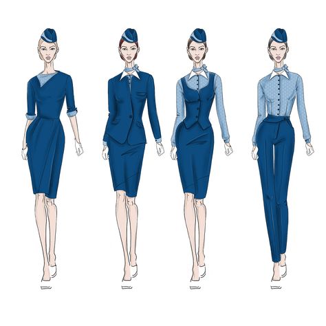 Project: Stewardess uniform on Behance Uniform Drawing Reference, Flight Attendant Attire, Work Uniform Ideas, Flight Attendant Uniform Fashion, Hostess Uniform, Flight Attendant Costume, Air Hostess Uniform, Company Uniform, Croquis Fashion