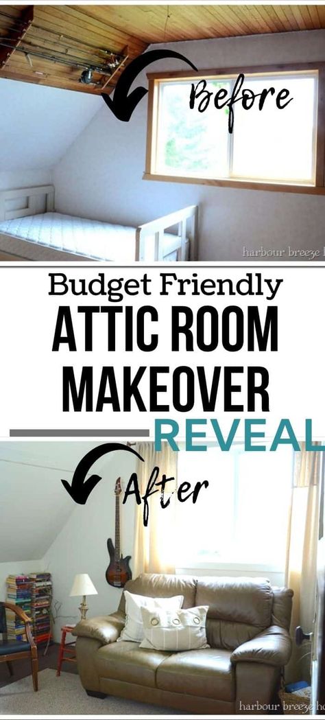 A dark and dated historic farmhouse attic room becomes a bright and cheery space for reading books and playing guitars! Find out how this budget friendly room makeover was done on the cheap! Before And After Room Makeover, Before And After Room, Farmhouse Attic, Historic Farmhouse, Cheap Farmhouse, Attic Room, Style Transformation, Farmhouse Decorating, Simple Curtains