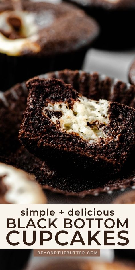 These Simple and Delicious Black Bottom Cupcakes are marbled masterpieces that will melt in your mouth the minute you take a bite! They are rich, chocolatey, super moist and filled with the creamiest chocolate chip cream cheese filling ever! | BeyondtheButter.com | #blackbottomcupcakes #cupcakes #chocolate #beyondthebutter #creamcheese #easyrecipes #dessert #cupcakes Black Bottom Cupcakes With Box Cake, Chocolate Chip Cream Cheese, Black Bottom Cupcakes, Chocolate Chip Cupcakes, Hello Cupcake, Cake Mug, Cupcake Recipes Chocolate, Recipes Chocolate, Buttercream Recipe