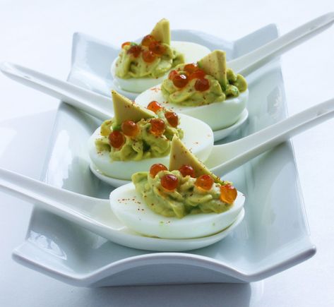 Deviled Eggs With Avocado, Eggs With Avocado, Avocado Deviled Eggs, Salmon Eggs, Salmon Roe, Party Snack Food, Dessert Appetizers, Party Food Appetizers, Deviled Eggs