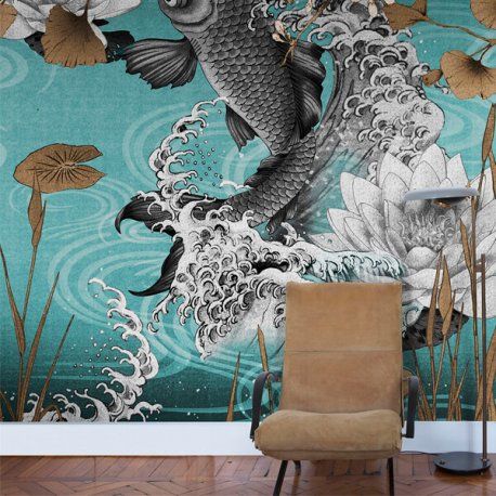 mural estilo japonés Paper Mural, Light Fixtures Bedroom Ceiling, Silk Wallpaper, Ceiling Lamps Bedroom, Bamboo Pendant Light, Fish Wallpaper, Japanese Wall, Jules Verne, Handcrafted Art