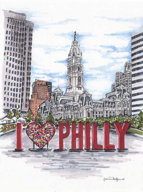 "High quality art print of an original pencil and marker illustration of Philadelphia's Iconic love park with the new I Love Philly sign. This one of a kind artwork also features Philly's beautiful city hall! The Philly art print measures 8\"x10\" or 9\"x12\". Thfis piece is a unique one of a kind philly artwork. It would be great home or office decor for an philly lover!! If you have any questions please feel free to contact me. Thank you for visiting my shop! You can see more of my work @cityi Fifa Poster, Philly Art, Marker Illustration, Philadelphia Art, Bryn Mawr, Love Park, Scene Art, Bar Art, Picture Collage Wall