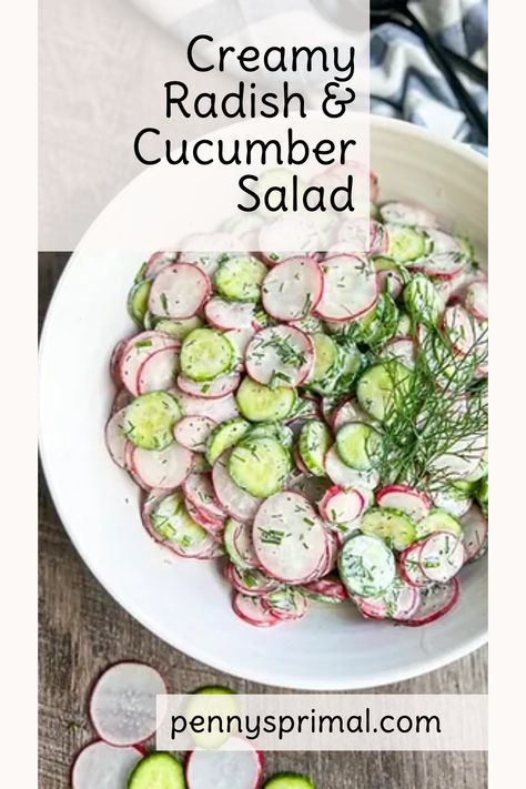 Crunchy radishes and Persian cucumbers in the most delicious creamy sour cream and fresh herb dressing is the perfect summer salad!  It is refreshing and comes together quickly making it the perfect side dish.  I especially love this salad when the radishes and cucumbers are fresh from the garden (or your neighbor's who so generously shares)! Raddish Meals, Cucumber And Radish Salad, Cucumber Radish Salad, Sour Cream Dressing, Radish Cucumber, Herb Dressing, Creamy Cucumber Salad, Radish Salad, Creamy Cucumbers