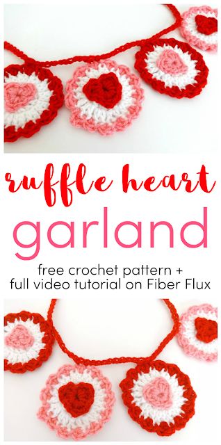 Ruffle Heart Garland, free crochet pattern + full video tutorial on Fiber Flux Valentine Crochet, Heart Stuff, Crochet Holiday, Valentine Garland, Crochet Garland, Heart Crochet, Crochet Geek, Valentines Crochet, Valentines Ideas