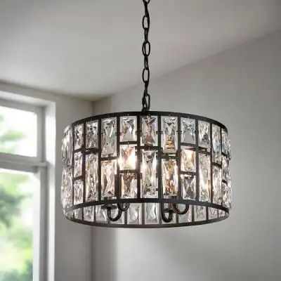 Kristella 4-Light Matte Black Chandelier with Clear Crystal Shade Entryway Lighting Front Entry, Dining Lights, Matte Black Chandelier, Farmhouse Designs, Bedroom Lights, Black Vanity Light, Kitchen Chandelier, Crystal Pendant Lighting, Kitchen Light