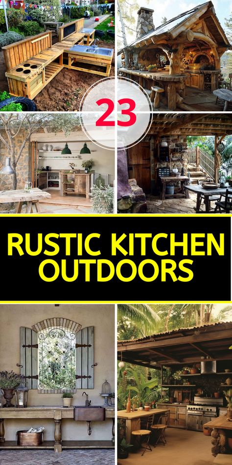 23 Rustic Kitchen Outdoors Ideas to Transform Your Backyard into a Cozy Haven Outside Kitchens Ideas, Rustic Outdoor Kitchen Design, Rustic Outdoor Kitchen On A Budget, Rustic Log Cabin Kitchens, Rustic Outdoor Bar, Rustic Outdoor Spaces, Beautiful Pergola, Rustic Outdoor Kitchen, Simple Outdoor Kitchen