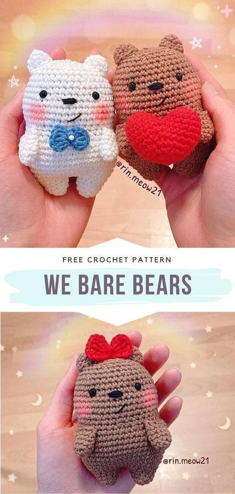 The Ultimate Valentine's Day Amigurumi - Free Crochet Patterns Crochet Bear With Heart, Crochet Mini Bear Free Pattern, Heart Amigurumi Free Pattern, Valentines Crochet Patterns Free, Best Friend Crochet, Crochet Hugs, Crocheted Stuffies, Crochet Amiguri, Chenille Crochet