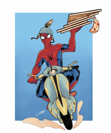 Spider dilivery. Who wants spiders on their pizza? Pizza Drawing, 30 Day Art Challenge, Pizza Guy, Pizza Delivery Guy, Funny Paintings, Event Props, Mickey Mouse Wallpaper, Marvel Spiderman Art, Marvel Iron Man