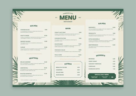 Tropical Hand-drawn Leaves Homemade Food Restaurant Menu Hawaiian Restaurant, Cafe Menu Design, Green Cafe, Drawn Leaves, Restaurant Menu Template, Menu Boards, Estilo Tropical, Menu Cover, Coffee Menu