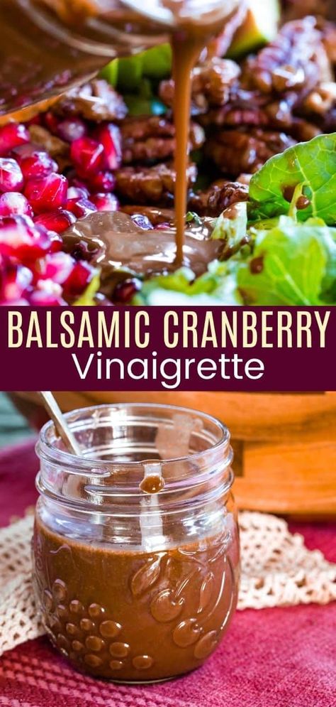 Balsamic Cranberry Salad Dressing - leftover cranberry sauce, balsamic vinegar, olive oil, plus a pinch of salt and pepper is all you need to make this smooth, sweet, and tangy vinaigrette. Make a delicious salad with your Thanksgiving leftovers or drizzle it over mixed greens topped with seasonal vegetables and fruit for an amazing meal. Cranberry Salad Dressing, Cranberry Vinaigrette, The Perfect Salad, Salad With Balsamic Dressing, Salad Dressing Recipes Healthy, Leftover Cranberry Sauce, Perfect Salad, Salad Dressing Recipe, Cranberry Salad