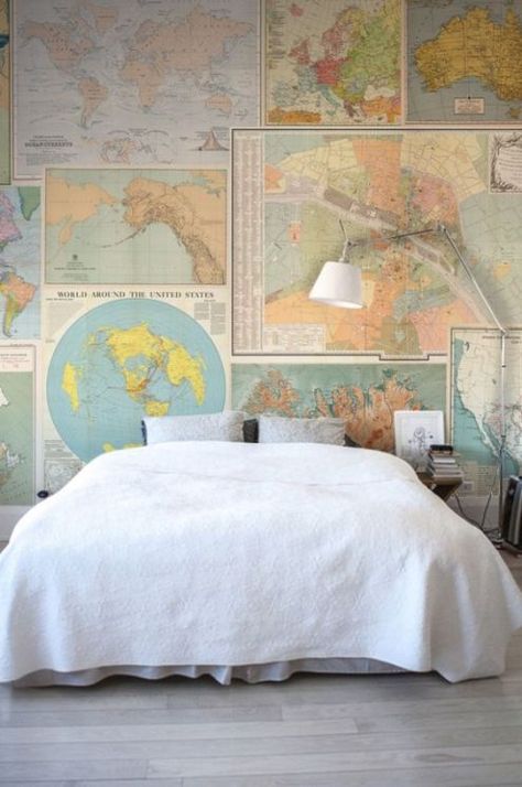 This is one of the worldly cute bedroom ideas. #flatdecor #uniflat #walldecor Bedroom Wallpaper Accent Wall, Map Collage, Ocean Currents, Vintage Bedroom Decor, Flat Decor, Collage Wallpaper, Bedroom Light, Cute Bedroom Ideas, Map Wallpaper