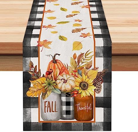 GEEORY Fall Table Runner 13x72 Inch, Buffalo Plaid Check Pumpkins Leaves Farmhouse Decor Table Decoration for Kitchen Dinning, Indoor Outdoor Dinner Party (Orange Mason Jar) GT119-72 Visit the GEEORY Store Thanksgiving Diner, Thanksgiving Dinner Decor, Outdoor Dinner Party, Decoration For Kitchen, Fall Table Runner, Thanksgiving Table Runner, Farmhouse Table Runners, Outdoor Dinner Parties, Halloween Table Runners