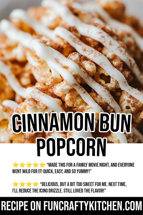 Cinnamon Bun Popcorn - FunCraftyKitchen Cinnamon Roll Popcorn, Icing Drizzle, Blueberry Shortcake, Apple Cranberry Pie, Chicken Noodle Soup Crock Pot, Stovetop Popcorn, Cookie Craft, Popcorn Snacks, Hamburger Steak