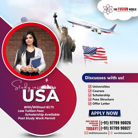 Discusses with our study abroad expert about universities, courses, scholarships, fee structure & offers letter. Don't miss out on this incredible opportunity to study in the USA with Fusion World Visa Consultancy. Apply now! #studyinusa #studyusa #usa #studyabroad #educationgoals #careerabroad #studyvisa #education #ielts #studymotivation #studyabroadconsultants #visaconsultanc Study Overseas, Study In Abroad, Study In Usa, Visa Canada, University Courses, Life Changing Opportunity, Digital Marketing Design, Academic Excellence, Work Opportunities