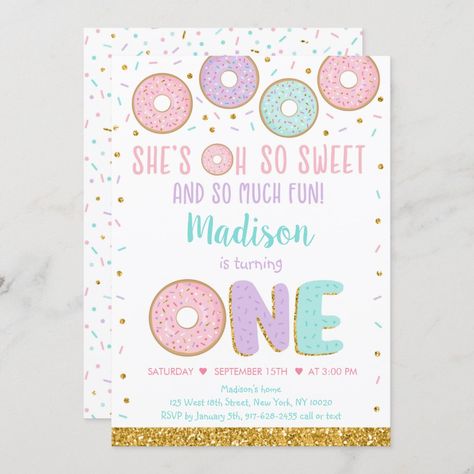 Donut Oh So Sweet Pink Gold First Birthday Invitation Size: 5" x 7". Gender: unisex. Age Group: adult. Material: Semi-Gloss. Pastel Baby Shower, Colorful Donuts, Gold First Birthday, Baby Sprinkle Invitations, Sprinkle Invitations, Pastel Girl, Pink Donuts, Donut Party, Gender Reveal Invitations