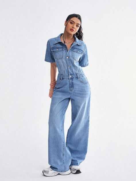 Women's Summer Single Breasted Short Sleeve Casual Denim Jumpsuit Medium Wash Casual  Short Sleeve Denim Plain Shirt Non-Stretch  Women Clothing, size features are:Bust: ,Length: ,Sleeve Length: Jumpsuits For Women Jeans, Short Sleeve Denim Jumpsuit, Long Sleeve Denim Jumpsuit, Short Sleeve Denim, Casual Denim Pants, Jean Bleu, Plain Shirt, Jeans Casual, Plain Shirts