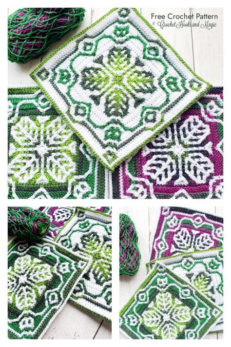 Mosaic Emerald Spray Square Free Crochet Pattern Square Tapestry Crochet, Round Mosaic Patterns, Mosaic Granny Square Crochet Pattern, Granny Square Afghan Crochet Patterns, Crochet Mosaic Pattern Free, Crochet Graphgan, Granny Square Pattern Free, Afghan Stitch, Crochet Granny Square Afghan