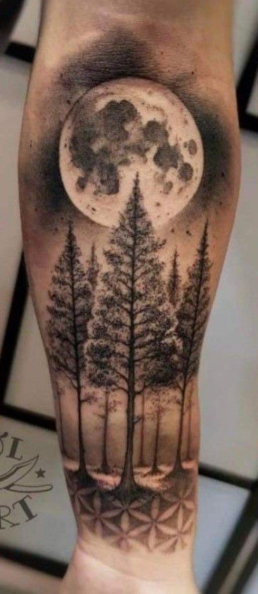 Moon And Trees Tattoo, Tree Moon Tattoo, Tree And Moon Tattoo, Fable Tattoo, Tree Tattoo Arm Sleeve, Ryan Tattoo, Tree Sleeve Tattoo, Tree Tattoo Arm, Tree Sleeve